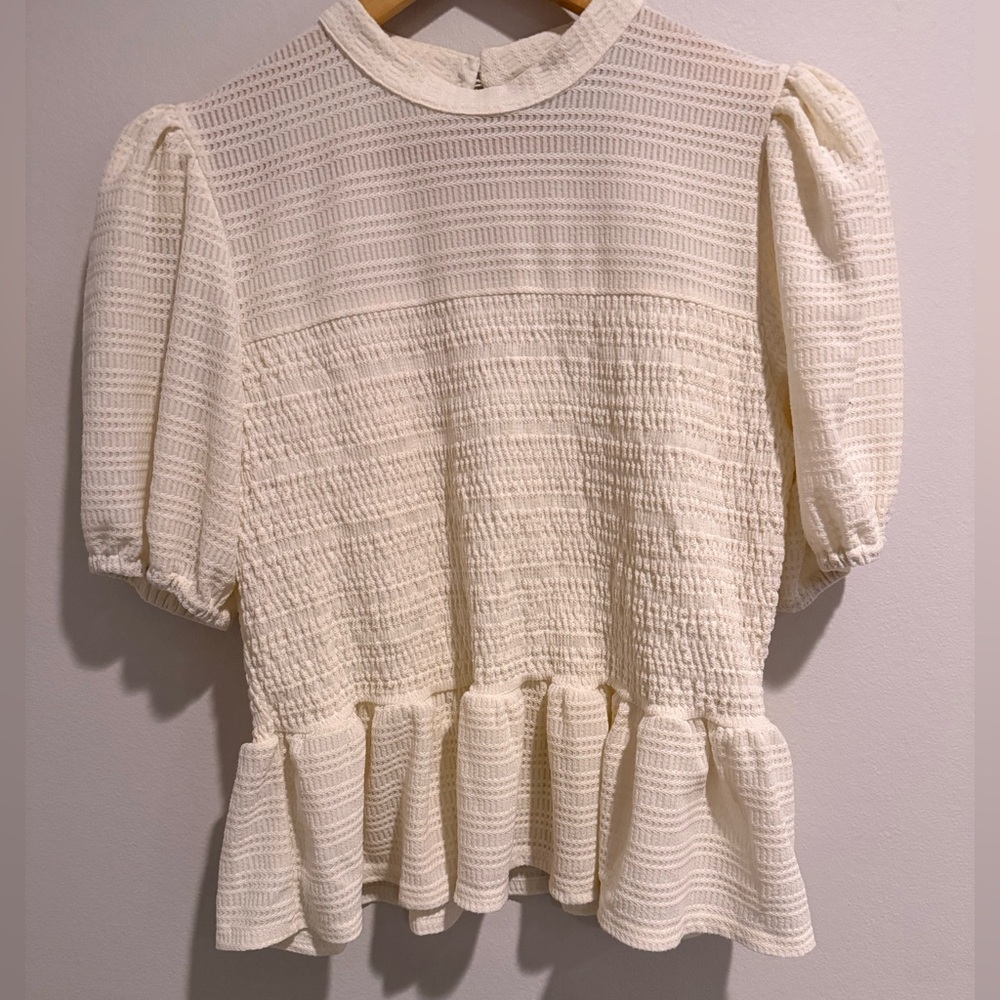 Bagatelle Collection XL Cream White Textured Peplum Blouse Puff Sleeve Top